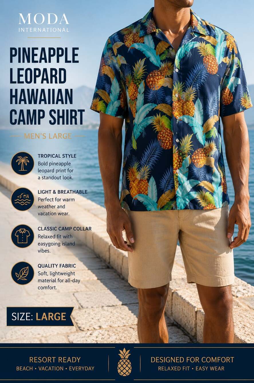 Moda Campia Men’s Large Pineapple Leopard Hawaiian Camp Shirt Navy Tropical